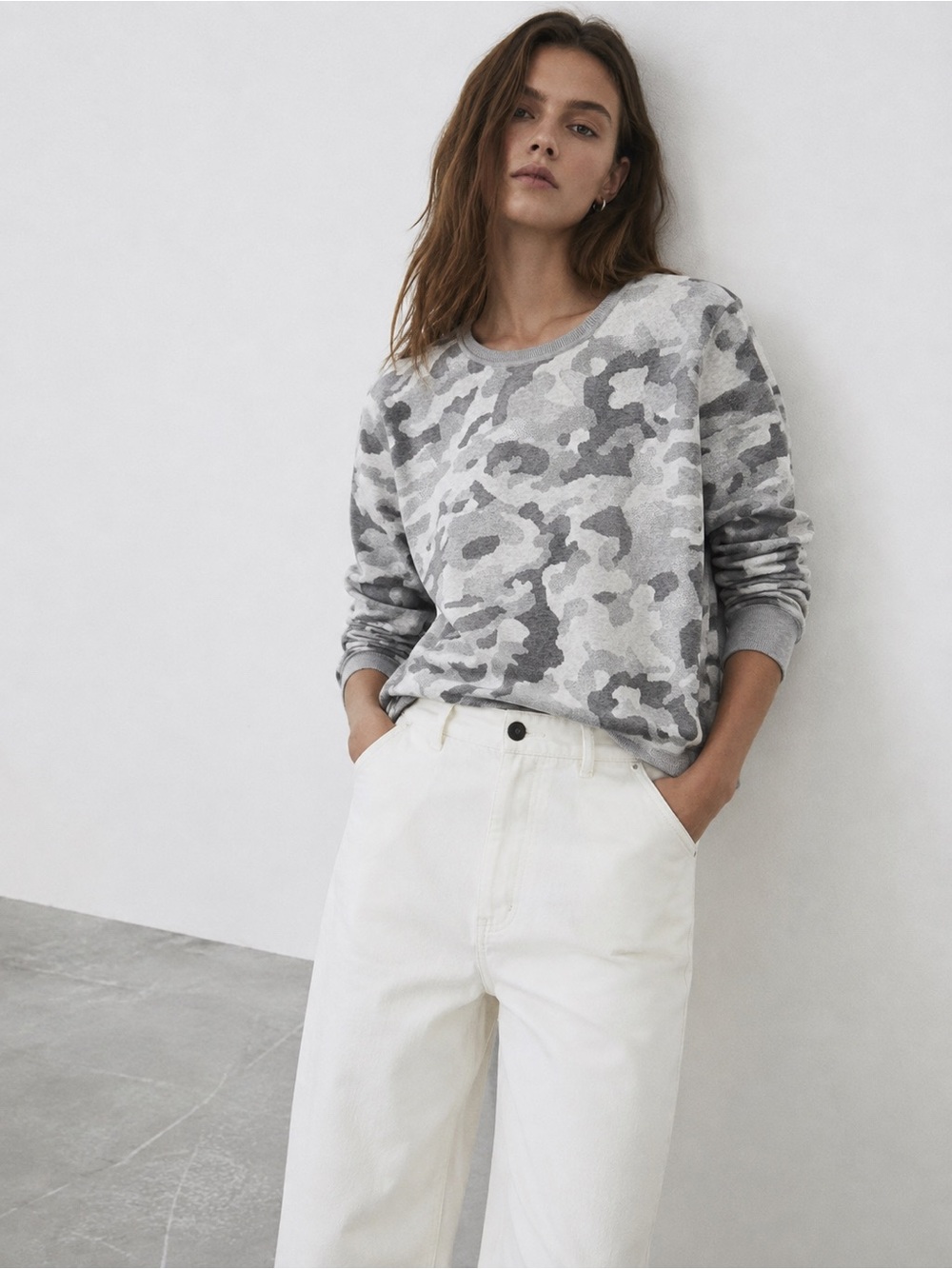 BASS Gray White Camo Metallic Knit Crewneck Sweater Pullover Size Large